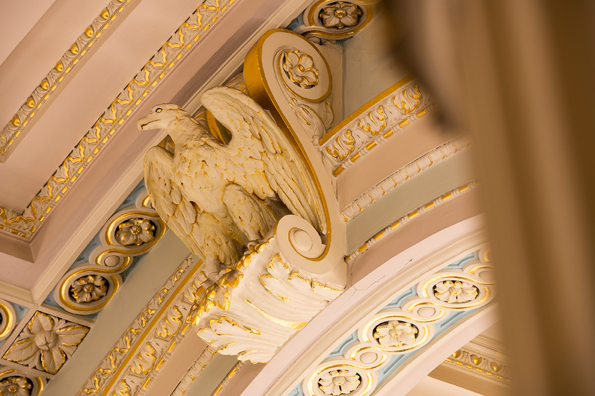 One of the plaster eagles overlooking the Legislative Council.