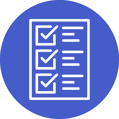 Blue circle with a list and three check marks.
