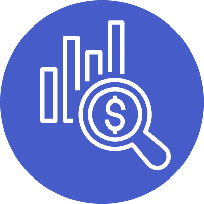 – Blue circle with bar chart and magnifying glass showing a dollar sign.